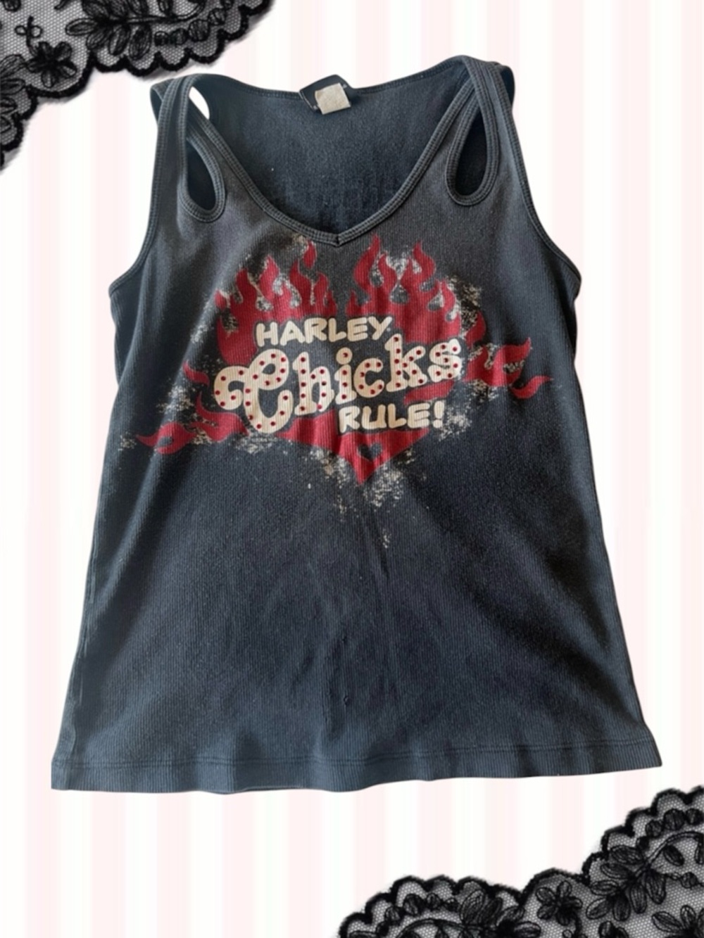 Vintage Y2K ‘Harley Chicks Rule!' Grey Graphic Rhinestone Tank